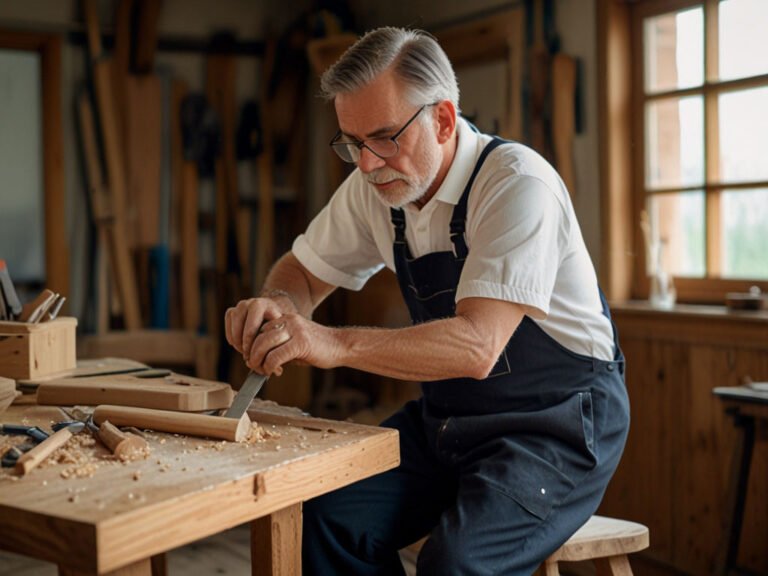 Woodworker Carving Furniture in a Workshop